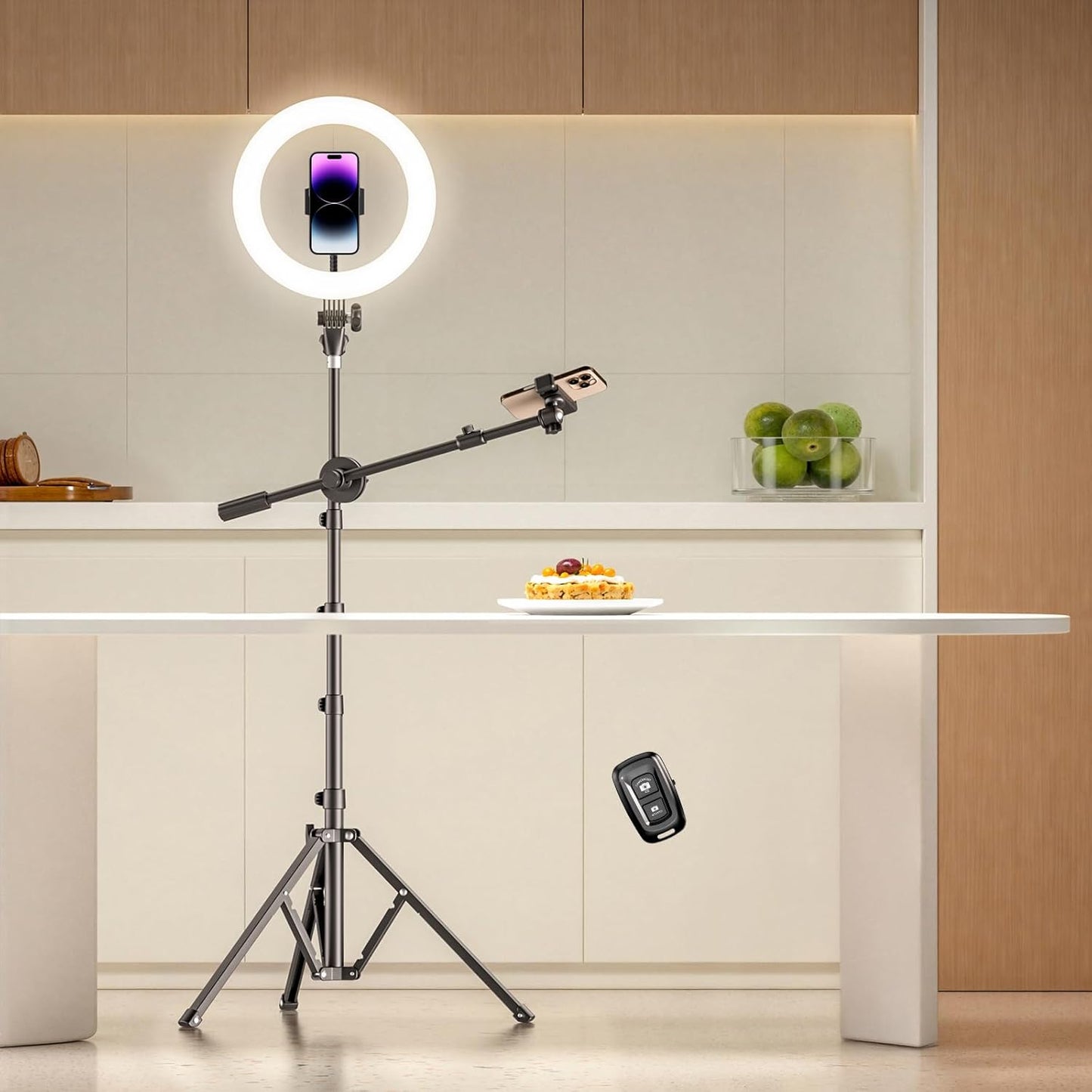 LUXSURE Ring Light with Stand for Phone, Ring Light Tripod for iPhone with Light, Overhead Camera Mount 10.5" with Remote, Phone Tripod with Light for Video Recording/Live Streaming/Cooking