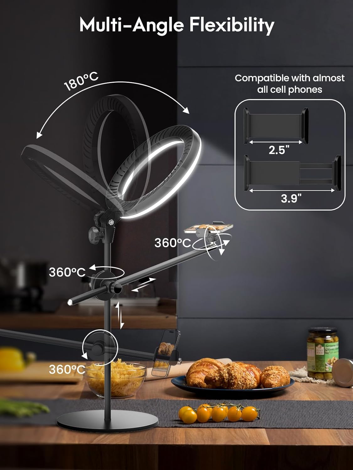 LUXSURE Ring Light for Desk with Stand,Overhead Camera/Phone Mount with 10.5" Ring Lights for iPhone,Phone Tripod with Light Adjustable Lighting for Video Recording,Cooking,Live Stream,Content Creator