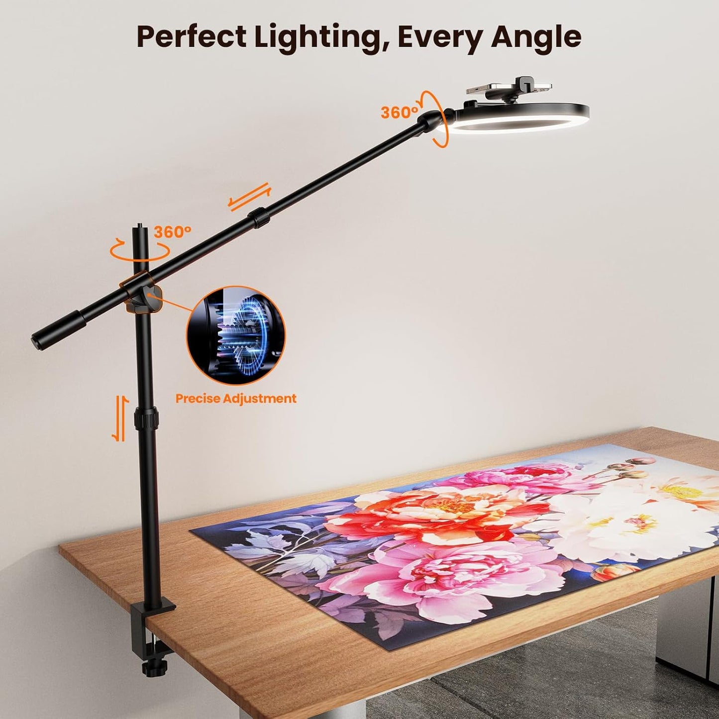 Ring Light Overhead Camera Phone Mount for Desk Tripod - 10" Ring Light with Stand for iPhone - Sturdy Selfie Ringlight with Clamp for Artist,Drawing,Video Recording,Live Streaming,Content Creation