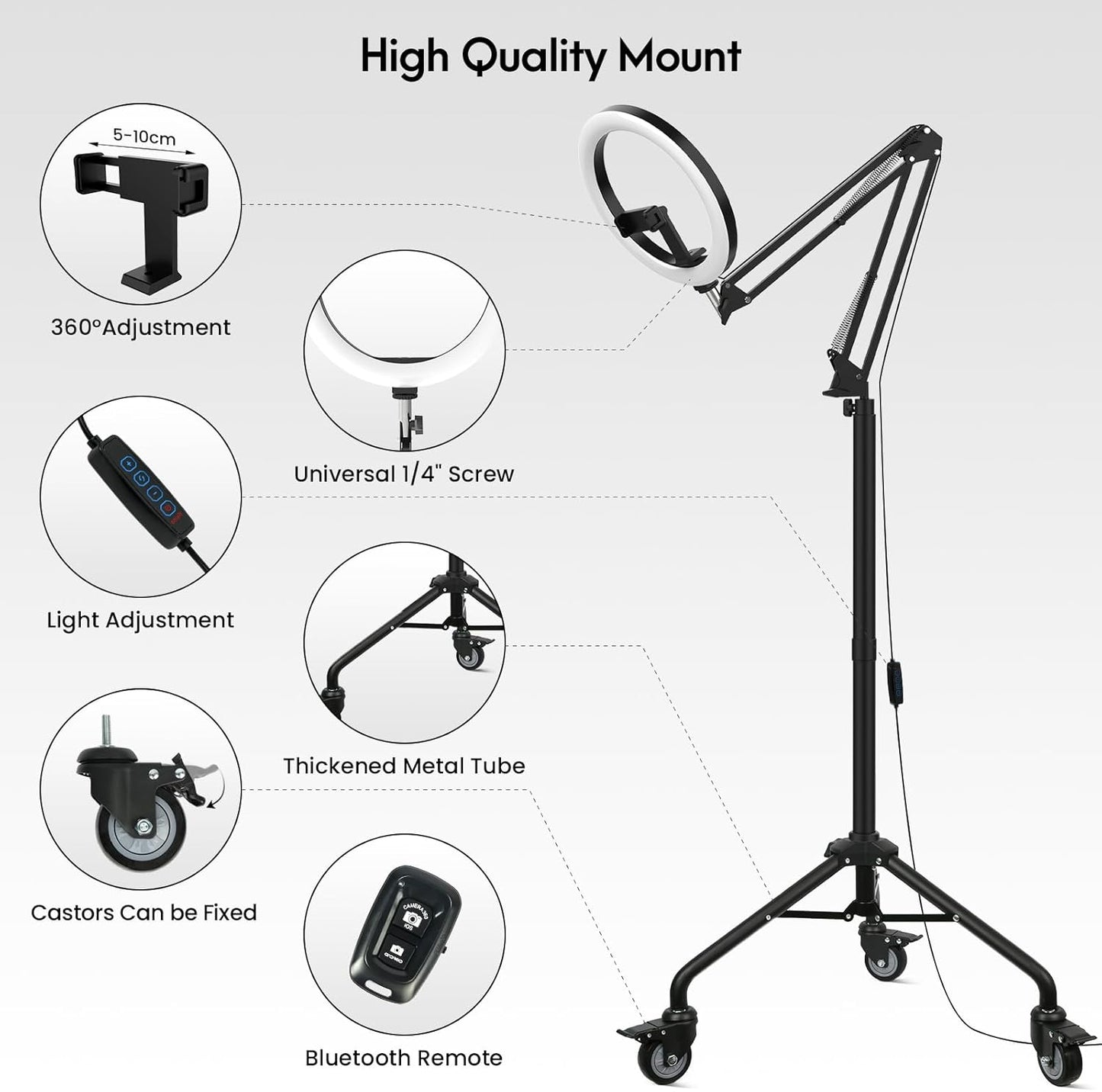 LUXSURE Ring Light Tripod for iPhone, Overhead Camera Mount with Casters,LED Ring Light with Stand and Phone Holder,Phone Tripod with Light for Video Recording/Live Streaming/Cooking